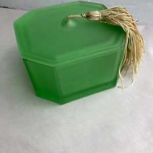 Vintage 1930s Satin Green Uranium Depression Glass Powder Box with Tasseled Lid